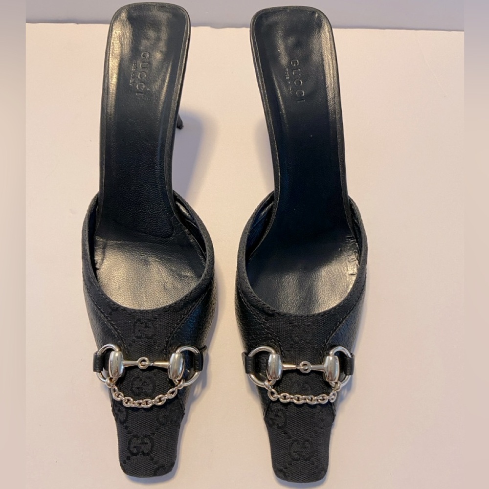 Gucci Black Mid-Heel Mules with Horsebit Detail size 10.5